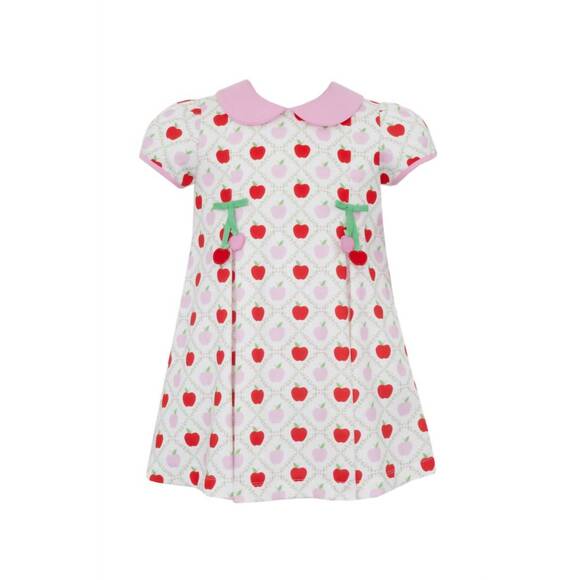 NEW CLAIRE & CHARLIE girl's apple print knit dress with pleats in pink and  red - www.tita.cl